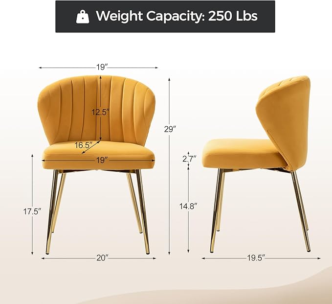 HULALA HOME Velvet Dining Chairs Modern Small Armless Accent Chair with Gold Metal Legs Living Room Upholstered Cute Side Chair Elegant Tufted Back Vanity Chair for Bedroom/Beauty Room-Mustard