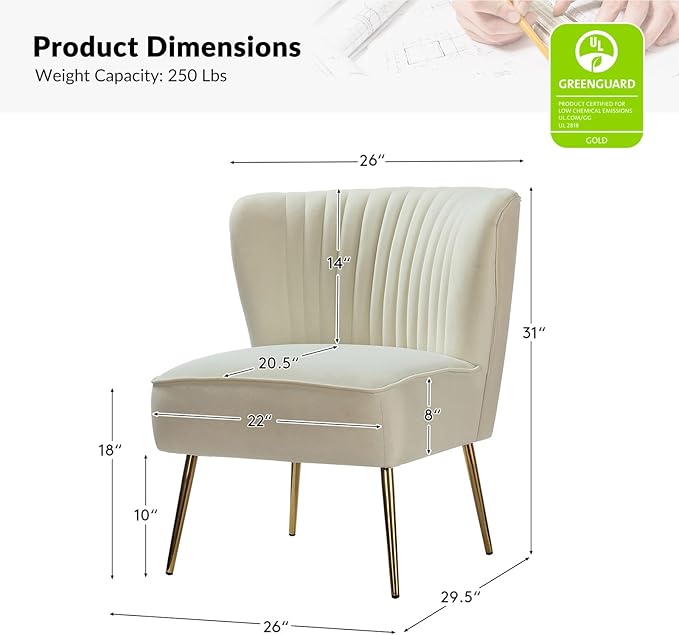 Tina's Home Modern Accent Chair Velvet Slipper Chair with Wingback Gold Legs Comfy Upholstered Fabric Armless Side Chair for Living Room Bedroom Vanity/Ivory