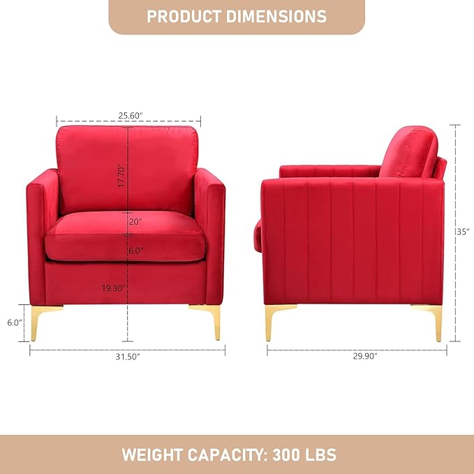 Velvet Accent Chairs Modern Accent Chairs with Gold Metal Legs Upholstered Reading Armchair Small Sofa Chair for Living Room Bedroom Office (Rose Red)