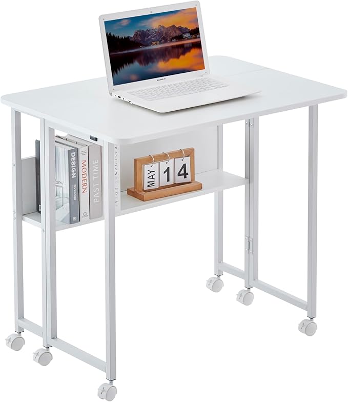 31.5 Inch Folding Computer Desk with Storage Shelf Small Foldable Computer Desks for Small Space Portable Writing Table for Home Office Bedroom Dorm Room Apartment Easy Assembly