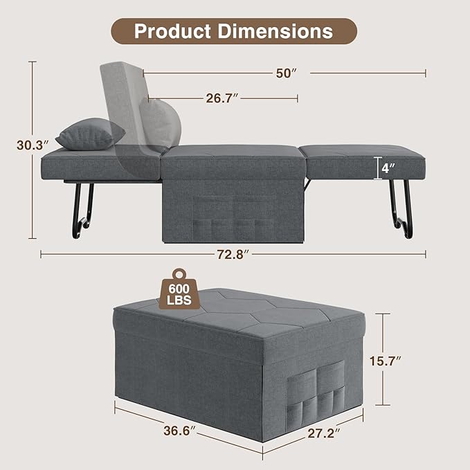 4 in 1 Sleeper Chair Convertible Sleeper Sofa with Ottoman Ottoman Bed for Adults Sofa Bed with Adjustable Backrest for Living Room Apartment Office Light Grey