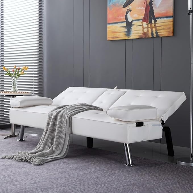 Sofa Bed Adjustment Sofa Double-Sided Double Sofa Folding Sofa Bed GuestbedcupholderBed Modern PU and Polyester Lounge Chair (White)