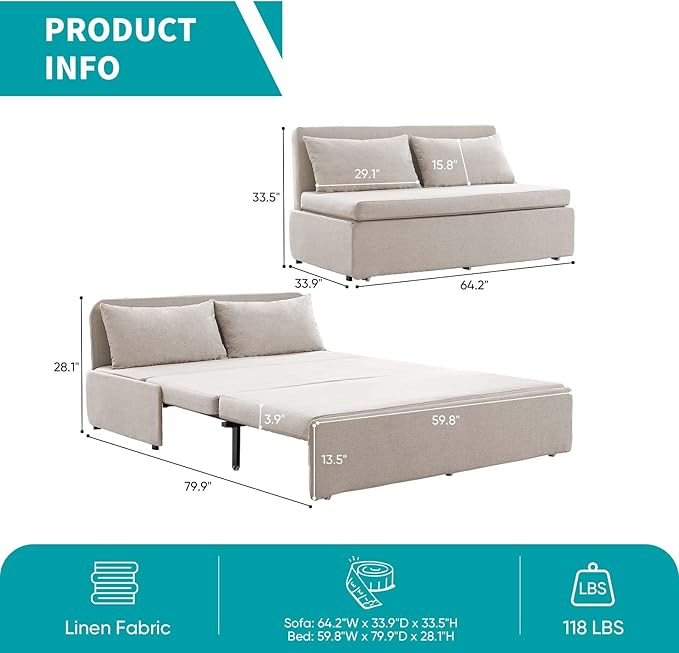 BALUS 43 W Queen Size Sleeper Couch Bed Pull Out Sofa with Pullout Beds 2 in 1 Convertible Linen Single Sleepers Sofas Chair with Foldable Mattress and Pillows for Small Space Apartment Beige