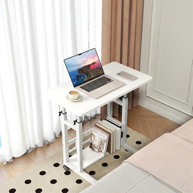 Adjustable Height Mobile Computer Desk for Small Space Rolling Writing with Wheels Corner Home Office Study Portable Bedrooms Work Desk Standing Table 31.5x15.75 Inches Height 27.16-35.43 White