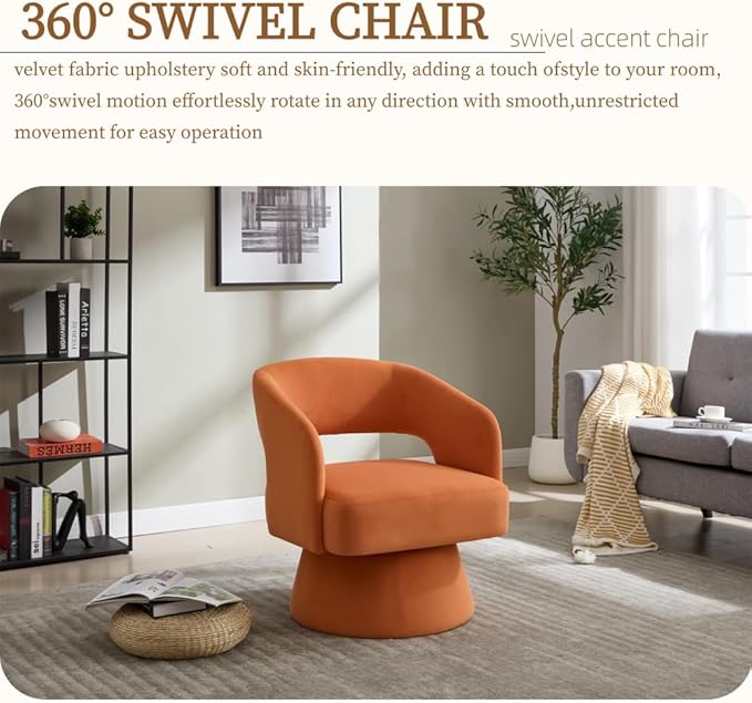 Swivel Barrel Chair Velvet Accent Armchair 360 Degree Swivel Club Chair for Living Room Bedroom Reception Room (Orange + Foam + Steel + Velvet + Foam)