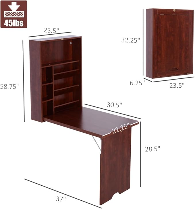 Hassyee Modern Design Wall Mounted Home Office Desks Fold Out Convertible Study Writing Desk with Multiple Storage Compartments and 2 Adjustable Shelves