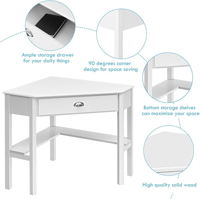 Tangkula White Corner Desk with Drawer Storage Shelves for Computer Makeup Vanity Desk for Small Space 90 Degrees Triangle Desk
