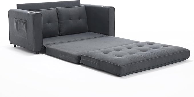 ERYE Foldable Loveseat Sofa Convertible Pull Out Sleeper Sofabed2 Seat Tufted Upholstered Sofa Modern Convertible Sleeper Couch Bed with Cupholders and Side Pockets