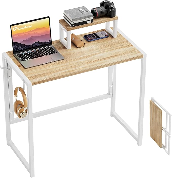GreenForest Folding Desk with Monitor Stand 31.5 Inch Foldable Computer Desk with Hook and Storage Sturdy Small Space-Saving Writing Work Table for Home Office Dorm Oak
