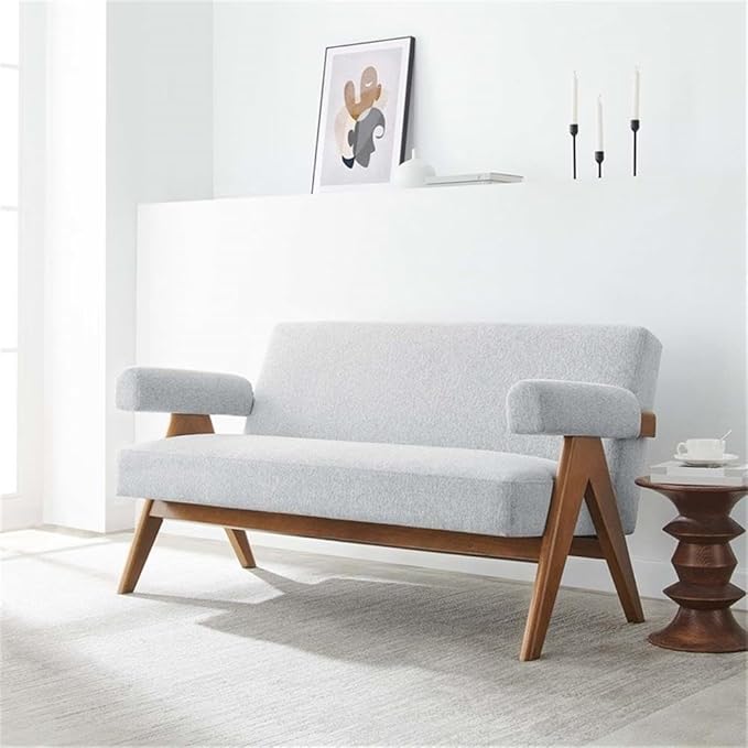 Pemberly Row Upholstered Loveseat Heathered Fabric in Light Gray 30.5 H x 59 W x 31.5 D Rubberwood Legs Dense Foam Padding Ergonomic Design Modern Style Seating for Living Room or Bedroom