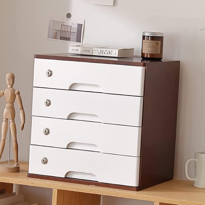 Desktop Storage Box With Drawers - Desktop File Cabinet Lockable File Cabinet Solid Wood Storage Box Drawer Desk Organizer Home Office Desk Drawer Cabinet 1/2/3/4 Drawers Wooden Box ( 4 Drawer)