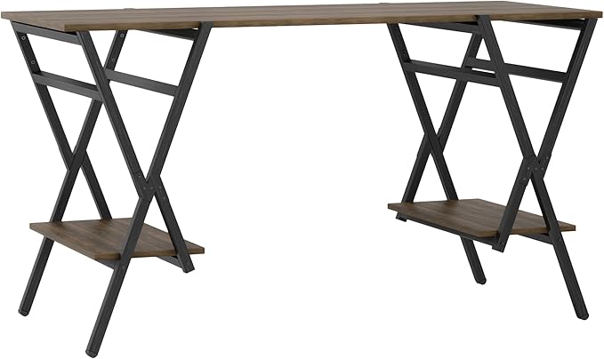 24/7 Shop at Home Hoyte Farmhouse 2 Shelves Metal Writing Desk with USB Port Power Outlet for Workstation Home Office Study Room Rustic Brown and Gun Metal