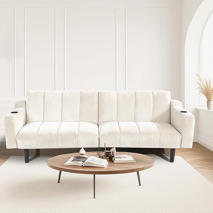 Brelice Futon Sofa Bed 80 Sleeper Loveseat Futon Couch with Cup Holders &amp Side Pockets Velvet Sofa Cama for Living Room and Small SpaceOff-White
