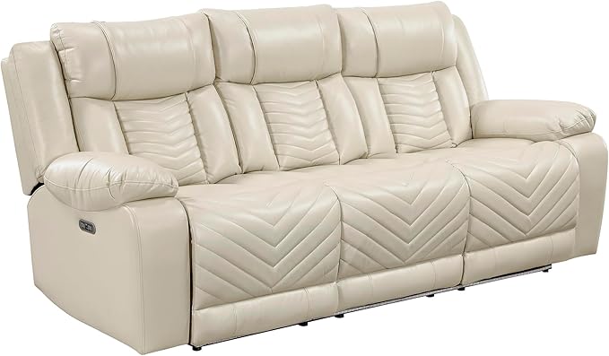 Lexicon Wall Hugger Power Double Reclining Sofa with Center Drop-Down Table Faux Leather Home Theater Seating with LED Lighting/USB Charging Ports/Wireless Charger/Cup Holders Magazine Pocket Beige