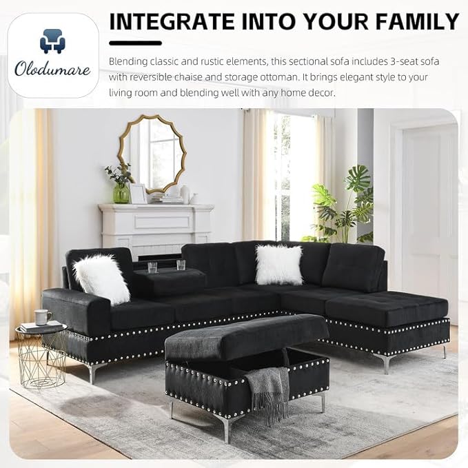 Living Room Furniture Sets L-Shape Sectional 5-Seater Sofa with Extra Wide Reversible Chaise Storage Ottoman and Cup Holders and Copper Nails 2 Pillows Black
