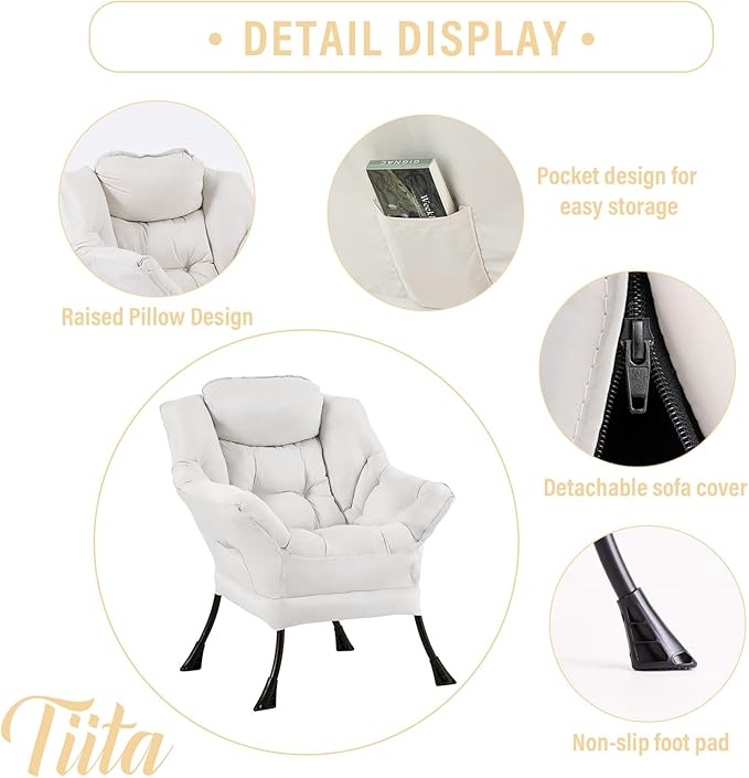 Tiita Lazy Chair Beige Modern Large Accent Armchair Comfy Leisure Sofa Reading Chair for Bedroom Living Room Dorm Rooms Garden and Courtyard Beige