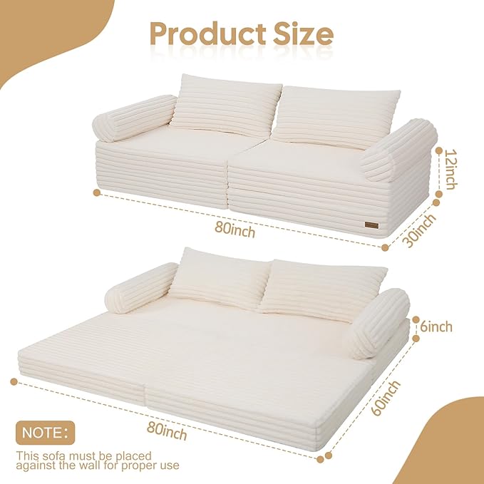 MeMoreCool Convertible Sofa Bed Folding Floor Couch Bed Queen Pull Out Sleeper Couch with Pillows Fold Out Futon Sofa for Bedroom Living Room Small Space Soft Corduroy