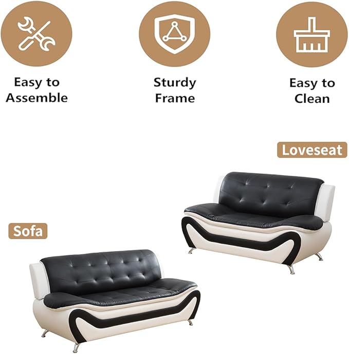 Leather Couch SetLeather Sectional Sofa for Living Room Furniture Sets Sofa and Loveseat Sets 2-Piece for Living Room/Office/Bedroom/Apartment(Black &amp White)