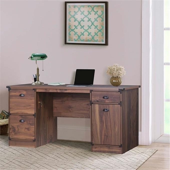 Pemberly Row Executive Desk 61.4 W x 23.7 D x 29.6 H Engineered Wood Dark Walnut Finish 2 Locking File Drawers Accessory Drawer Cabinet Storage Durable Laminate Home Office or Workspace