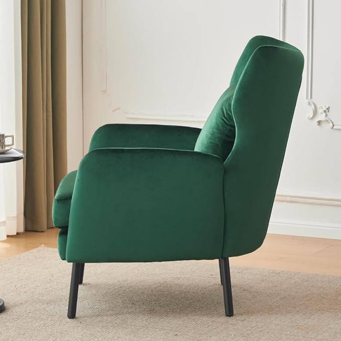 Chair reclinerWingback Velvet Accent Chair Modern Upholstered Armchair for Living Room Bedroom and Reception Area Comfortable Single Sofa Chair with Metal Legs and Pillow (Green + Velvet)