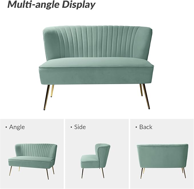 HULALA HOME Velvet Loveseat Sofa with Gold Legs Mid-Century Modern Upholstered Love seat Couch Tufted Small 2-Seat Sofa Armless for Living Room Bedroom Apartment Small Spaces SAGE