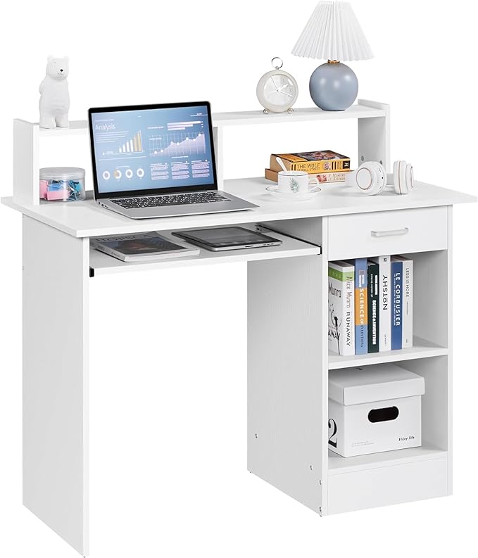 Home Office Computer Desk with Keyboard Tray and Drawers Wood White Students Writing Table with Storage Drawers &amp Hutch Modern PC Laptop Desk Multifunctional Workstation