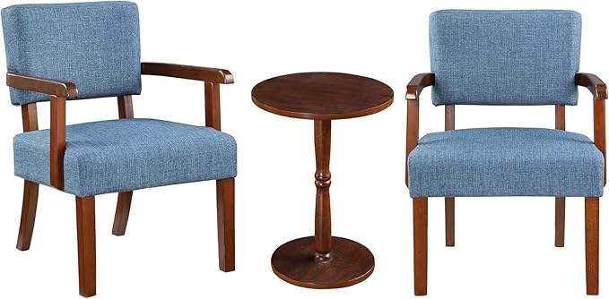 HMFULE 24.25'' Mid Century Accent Chair Set of 2 with Round Wood Table Modern Fabric Arm Chair for Living Room Bedroom Reading Room(Blue)