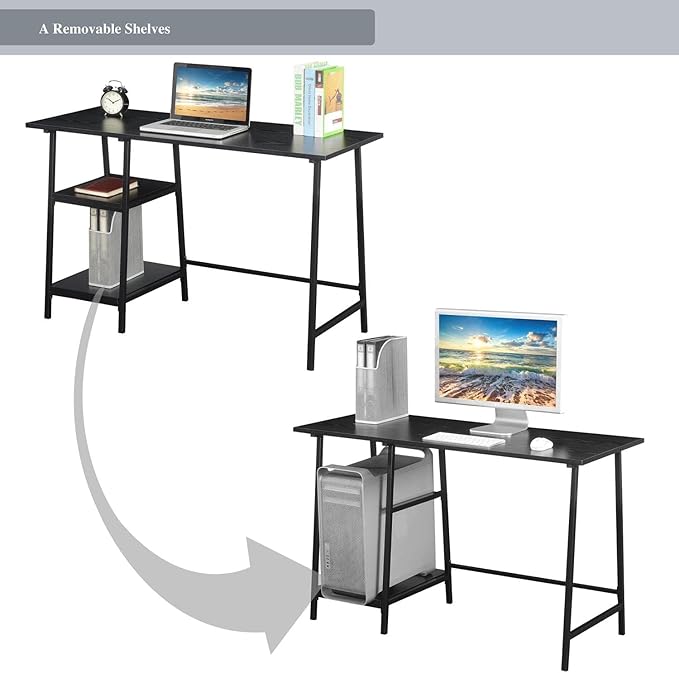 Pemberly Row Modern Trestle Wood Metal Desk Black Wood Grain Finish 47 in x 20 in x 29.25 in Particle Board and Powder Coated Metal Removable Shelves Home Office Workstation Desk