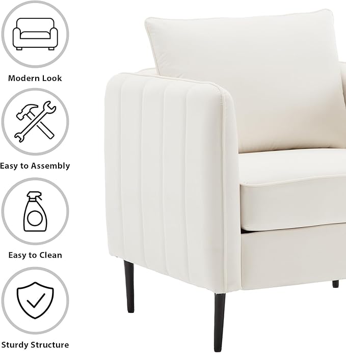 Modern Velvet Accent Chair Single Sofa Chairs Armchair with Square Arm Upholstered Accent Chairs for Living Room Bedroom Apartment (Beige Chair)