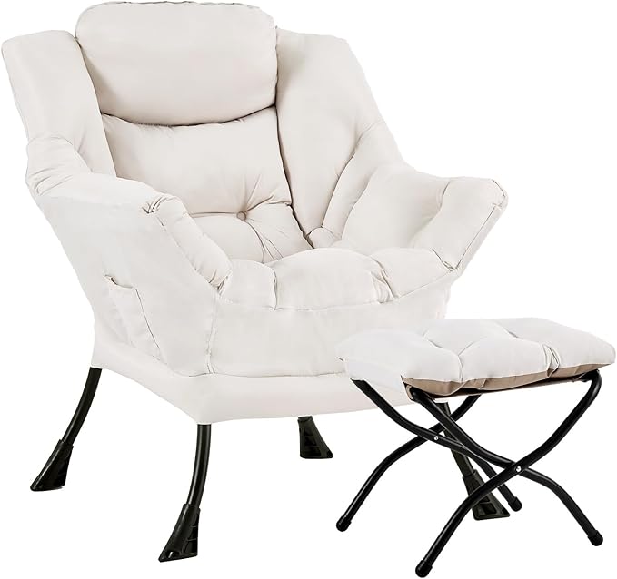 Lazy Chair with Ottoman Large Beige Accent Chair with Ottoman Comfy Reading Armchair Leisure Sofa Chair for Living Room Bedroom Dorm Room Office