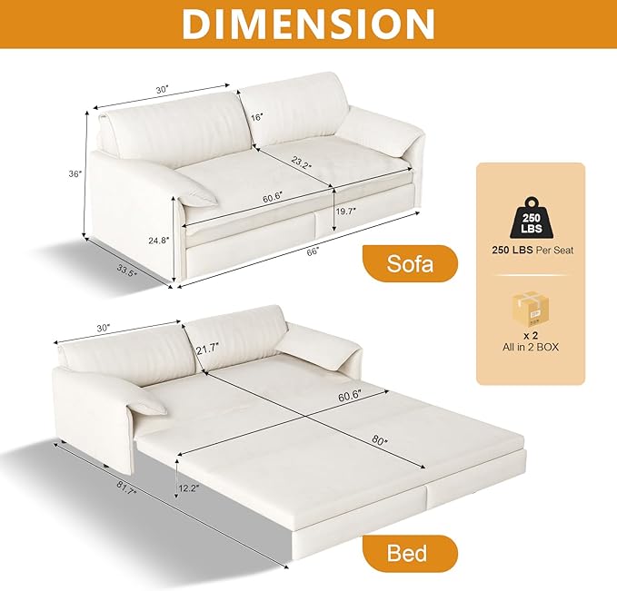 66 Queen Size Sofa Bed 3 in 1 Convertible Pull Out Sleeper Sofa with Thicked Cushions and Side Storage Velvet Loveseat Couch for Home Living Room Bedroom Apartment Lounge Small Spaces Beige