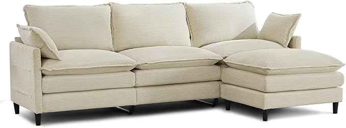 SAMERY 113 Modular Sectional Sofa Comfy Cloud Couch with Movable Ottoman Pillows Deep Seat Corduroy Modular Sofa L Shaped Cloud Sectional Couches for Living Room Bedroom Apartment Beige