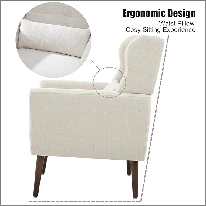 Livavege Mid Century Accent Chair with Wood Frame Chenille Fabric Modern Upholstered Lounge Reading Living Room Armchair w/Waist Cushion Comfy Single Sofa for Bedroom Sunroom