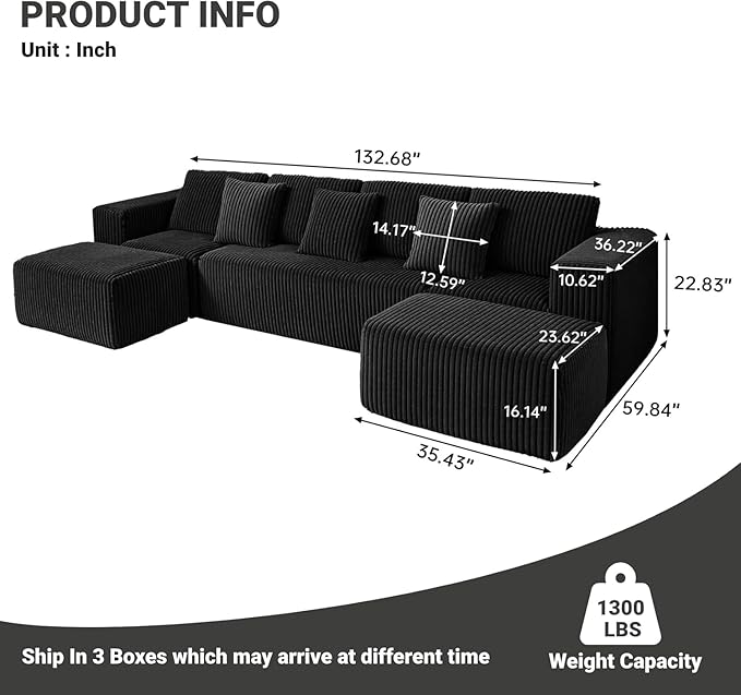 130 Modular Boneless Couch Convertible Sleeper Sofa Corduroy Sectional Sofa for Living Room Modern Cloud Couch with Deep Seat Chaise Comfy Oversize 4-6 Seat No Assembly (Black)