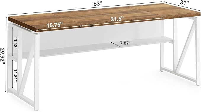 LITTLE TREE 63-Inch Executive Office Desk Large Computer Desk with Storage Shelf Executive Desk with Metal Frame Thickened Desktop Study Writing Desk Work Station for Home Office Rustic + White