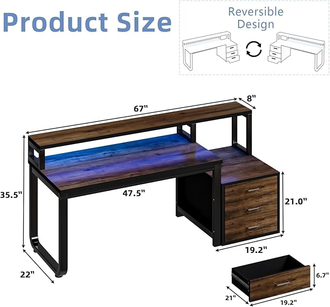67'' Computer Desk with Drawers Black Desk with Storage and Monitor Stand Home Office Desk with LED Lights Black and Walnut