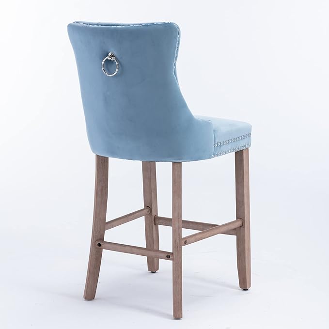 Modern Upholstered BarstoolsVelvet Bar ChairsSet of 2Wooden LegsLeisure Style Bar ChairsHigh Backrest ChairKitchen Island Chairs for CafesLiving RoomKitchenBarLight Blue