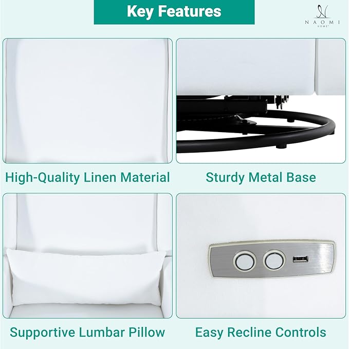 Naomi Home Tanya Luxury Motion Recliner Chair Bright White – Plush Upholstered Glider Rocker with USB Charging Swivel and Lumbar Support for Nursery Comfort 275 lbs Capacity