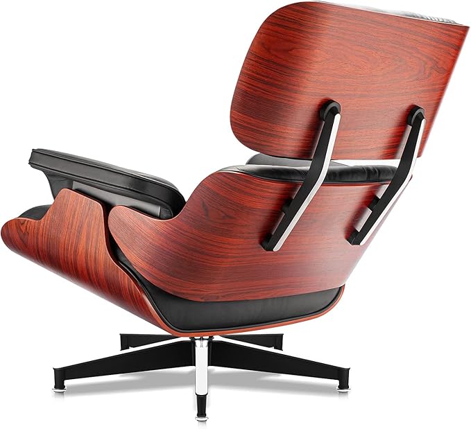 Top Black Grain Leather Mid Century Chaise Lounge Chair and Ottoman Modern Chair Classic Design Red Rosewood Heavy Duty Base Support for Living Room Office