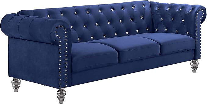 New Classic Furniture Glam Emma Velvet Three Seater Chesterfield Style Sofa for Small Spaces with Crystal Button Tufts Royal Blue