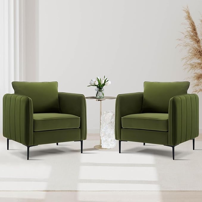 Velvet Accent Chair Mid Century Modern Single Arm Chair Comfy Living Room Reading Bedroom Lounge 6.3 Inch Upholstered Cushioned Black Metal Legs (Green Sofa Chair Set of 2)