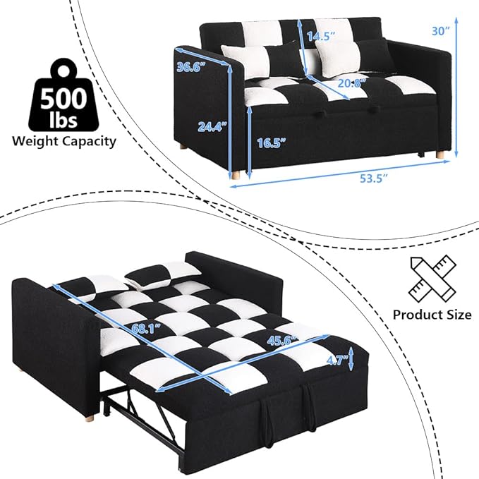 Loveseat Sleeper Sofa- Convertible Sofa Bed3 in 1 Pull Out Couch with Adjustable BackrestMulti-Functiona Lounge Chair with Teddy Fabric for Living RoomSmall Space (Black White)