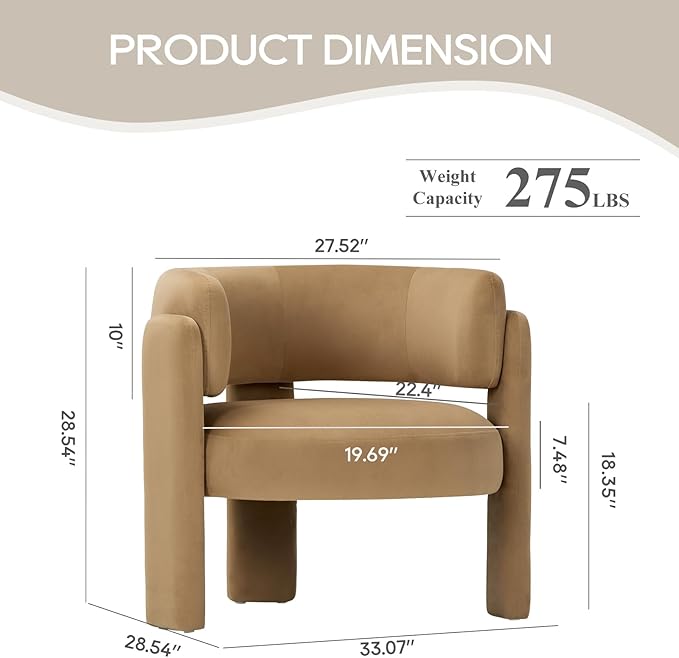 COLAMY Modern Velvet Accent Chair Upholstered Barrel Chair Comfy Side Arm Chair with 3 Legs for Living Room Bedroom Reading Khaki