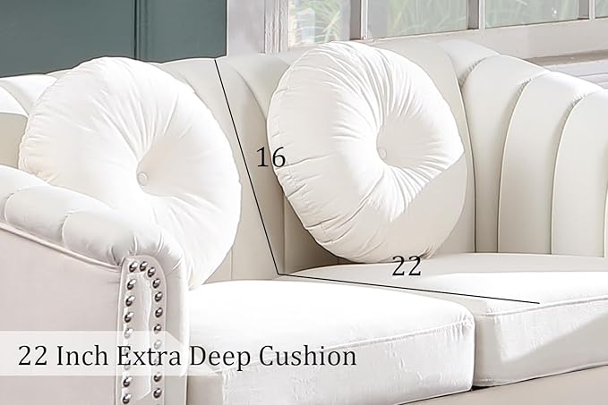 Chesterfield Chair Couch 40 Inch Luxurious Velvet Single Chair Chesterfield Settee Sofa Upholstered Rolled Arm with Rivets/Button Tufted Pillow Modern Sofa for Living RoomWhite