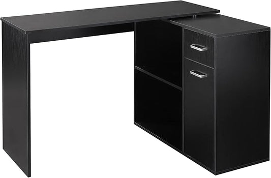 L Shaped Computer Desk 180° Rotating Corner Desk with Storage Shelves Drawer and Cabinet Study Workstation for Home Office Black