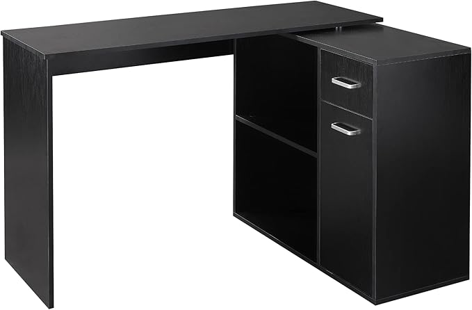 L Shaped Computer Desk 180° Rotating Corner Desk with Storage Shelves Drawer and Cabinet Study Workstation for Home Office Black