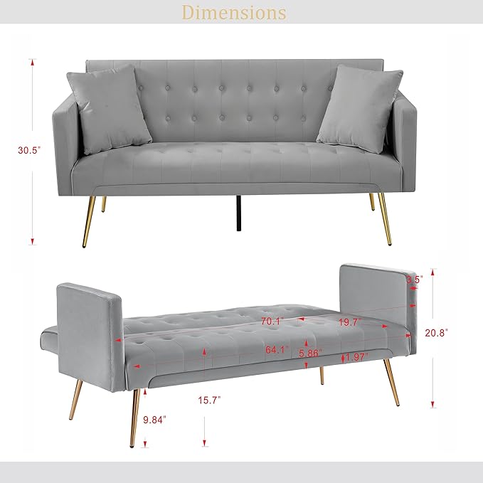 Anwick 72 Modern Velvet Sofa Bed FutonConvertible Folding Sleeper Bed Couches with 3 Adjustable BackrestsTufted Recliner Loveseat with Golden Chrome Legs for Small Living Room Office (Grey)