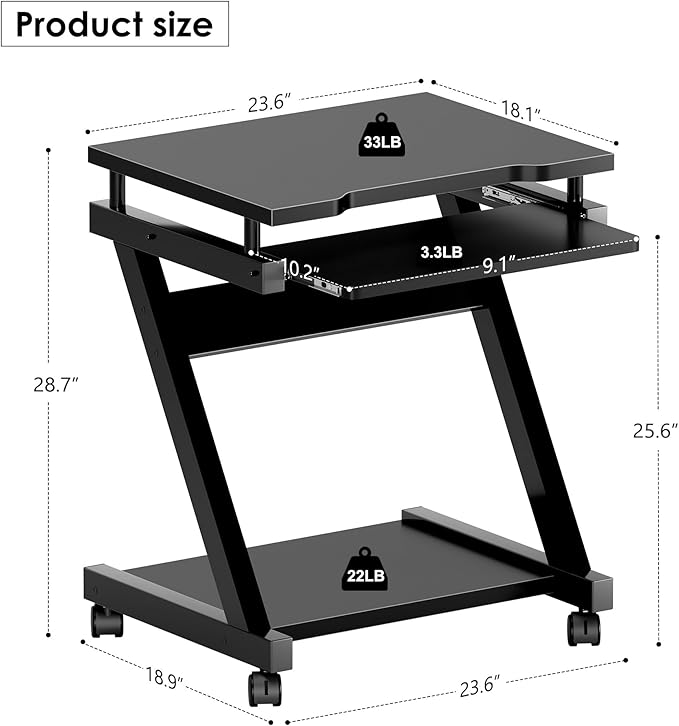 sogesfurniture Small Computer Desk on Wheels Mobile Computer Desk Small Rolling Work Workstation with Printer Shelf and Keyboard Space Computer Workstation for Home and OfficeBlack