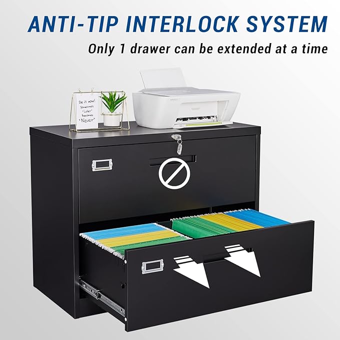 Lateral File Cabinet with Lock 2 Drawer Large Metal Filing CabinetHome Office Lockable Storage Cabinet for Hanging Files Letter/Legal/F4/A4 Size-Assembly Required