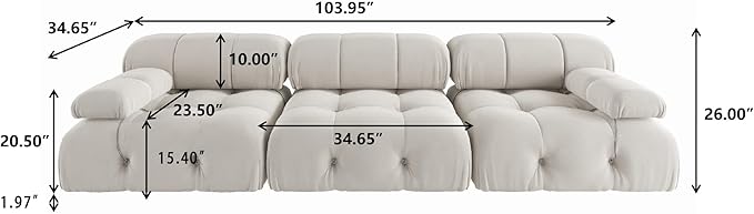 WJShome Modular Sectional Couch 103.95 inch Convertible Sofa Velvet 3 Seater Minimalist Couch for Living Room Modern Large Free Combination Sofa Beige